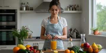 Woman preparing adaptogenic drink in modern kitchen for stress relief