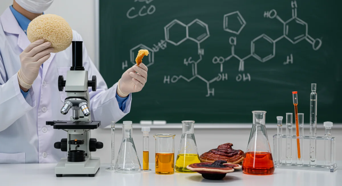 Scientists in a lab analyzing adaptogenic mushroom extracts for new benefits.