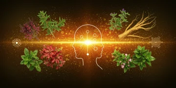 Stylized adaptogenic herbs glowing with energy, representing new discoveries for focus and vitality.