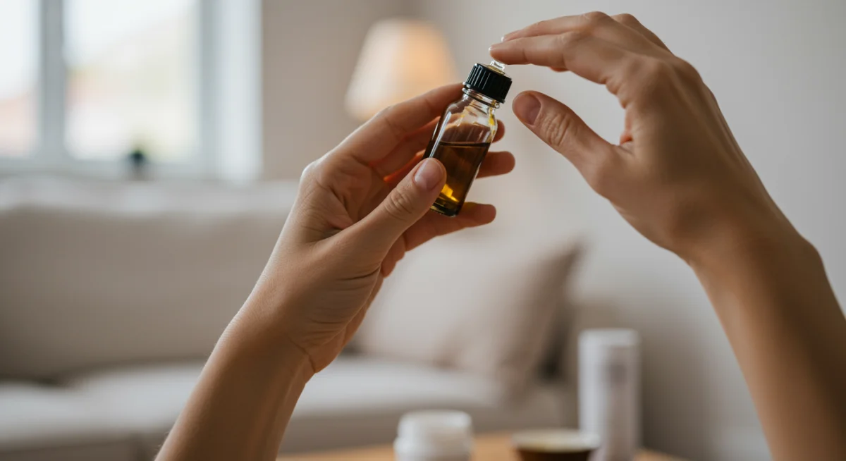 Person applying diluted essential oil to temples for relaxation