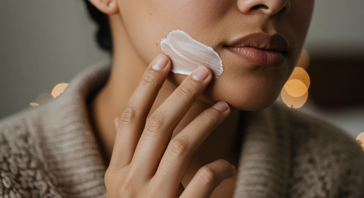 Person applying rich cream to face, demonstrating proper skincare application.
