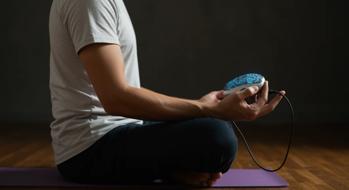 Individual using BCI for advanced meditation, integrating tech and mindfulness.