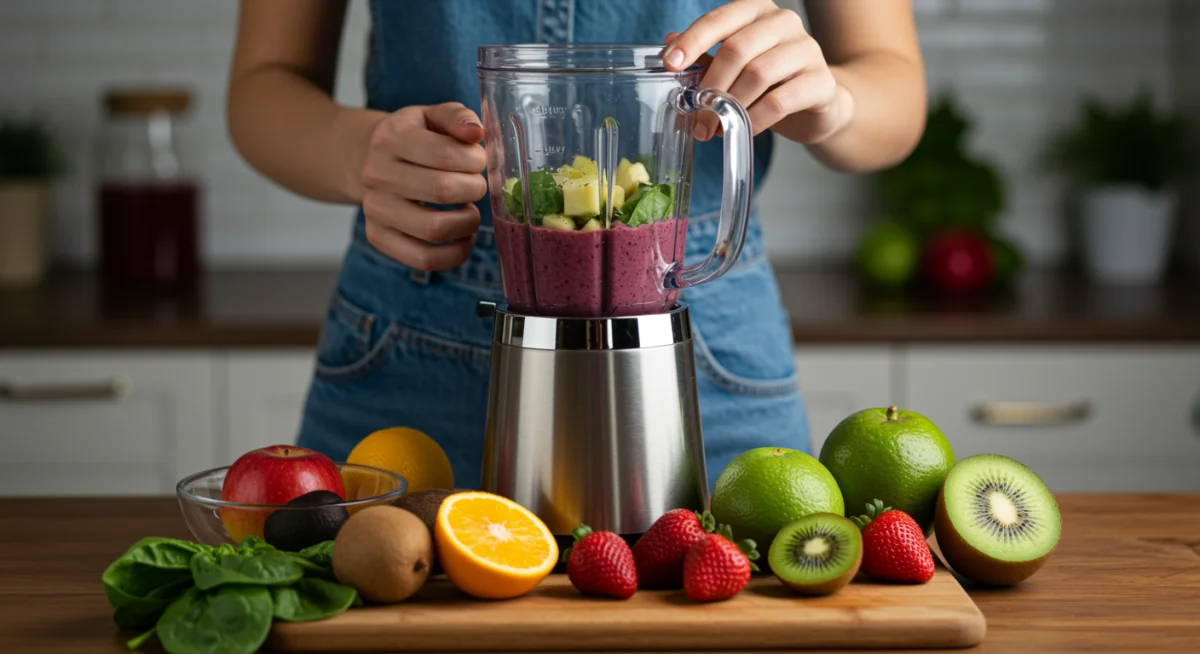 Person blending a colorful, nutrient-dense smoothie for spring detox