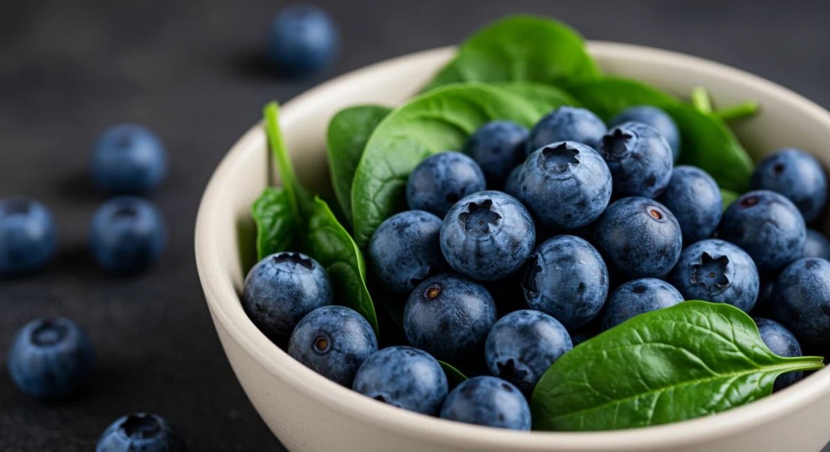 Bowl of blueberries and spinach, rich in antioxidants
