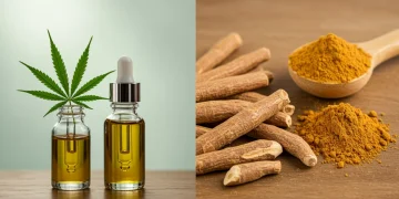 CBD oil dropper next to ashwagandha root and powder, representing natural stress relief options.