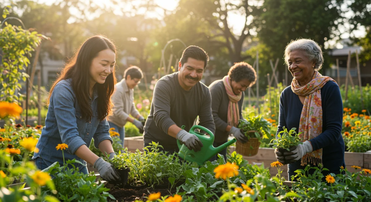 Diverse group gardening together, fostering community and nature's healing.