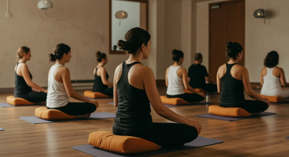 Diverse group practicing guided meditation in a serene community space.