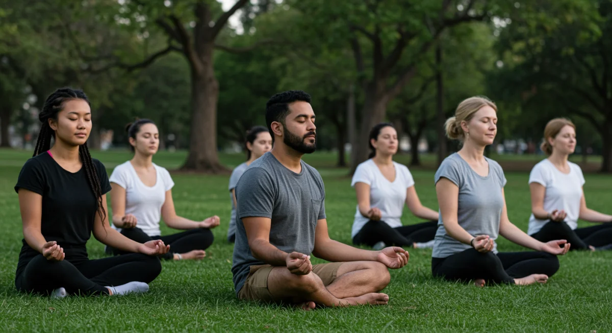 Group meditating outdoors, symbolizing community spiritual connection