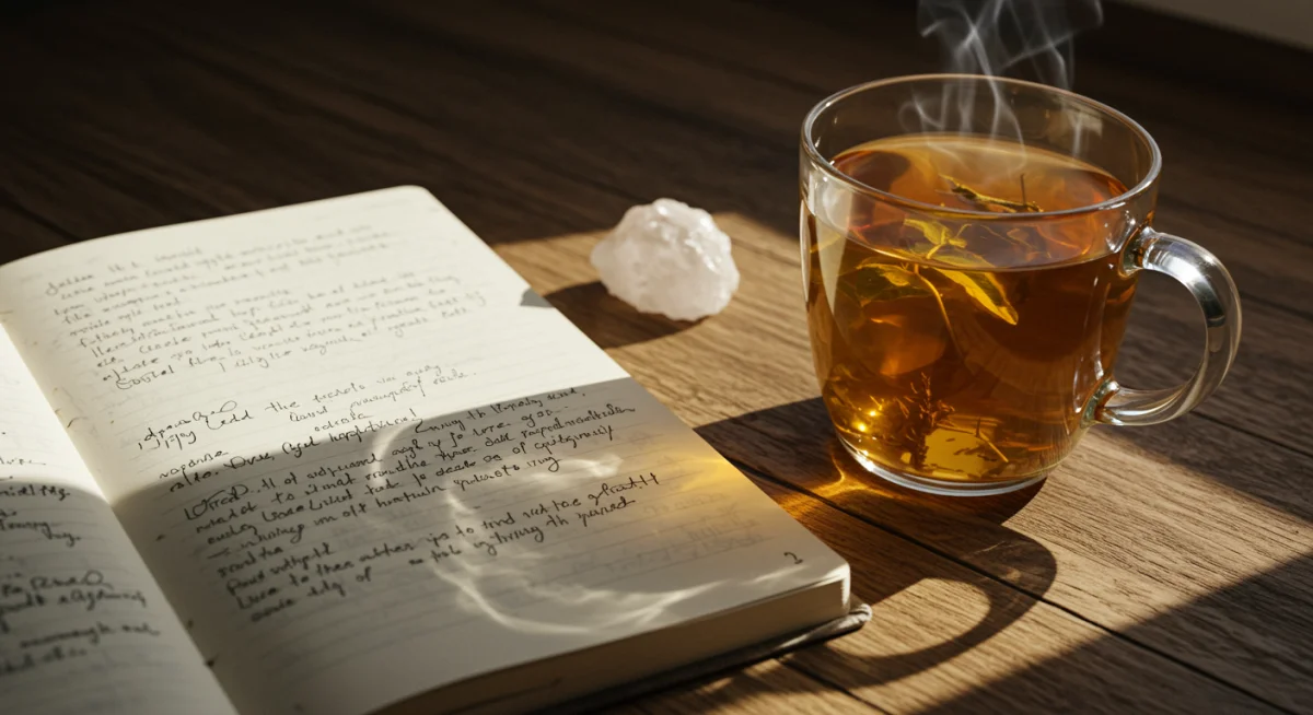 Open journal with reflections, tea, and crystal for daily spiritual practice