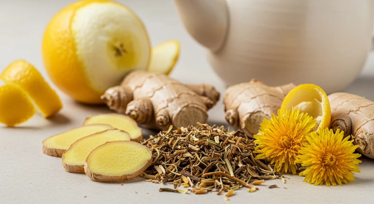 Dried dandelion root, ginger, and lemon peel for detox tea