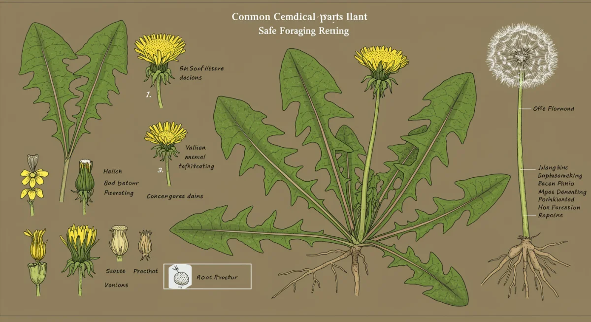 Detailed illustration of Dandelion plant, showcasing its leaves, flower, and root for identification.