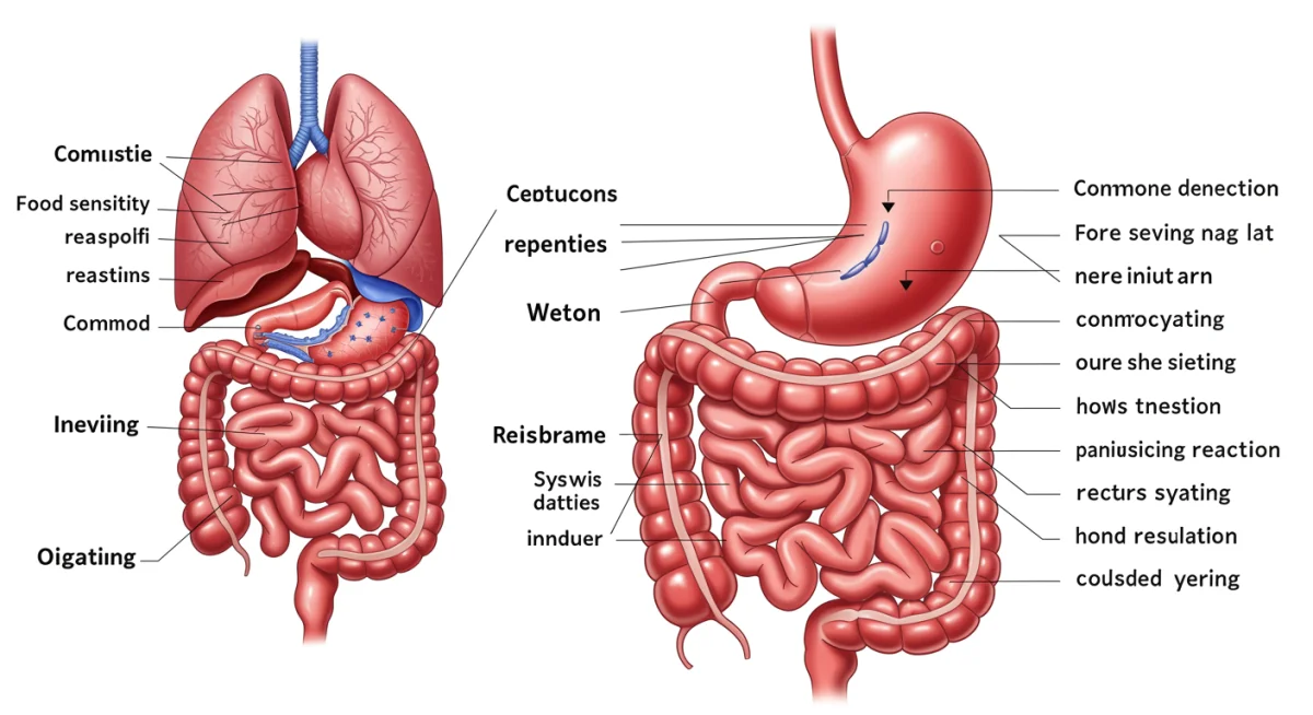 Diagram of human digestive system and food sensitivity reactions