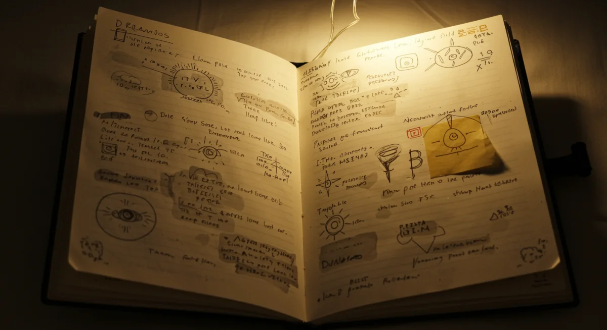 Open dream journal with handwritten notes and symbolic sketches for analysis.