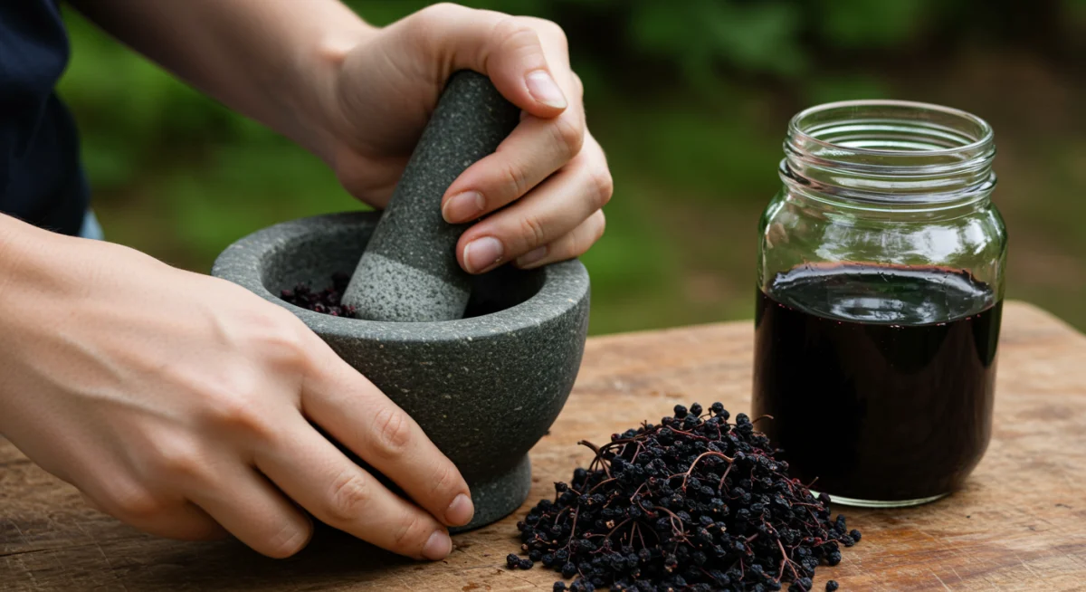 Hands preparing elderberry syrup with mortar and pestle for immune support.