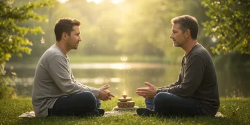 Two people sharing an empathetic moment in a peaceful, sunlit natural setting, symbolizing deep spiritual connection and understanding.
