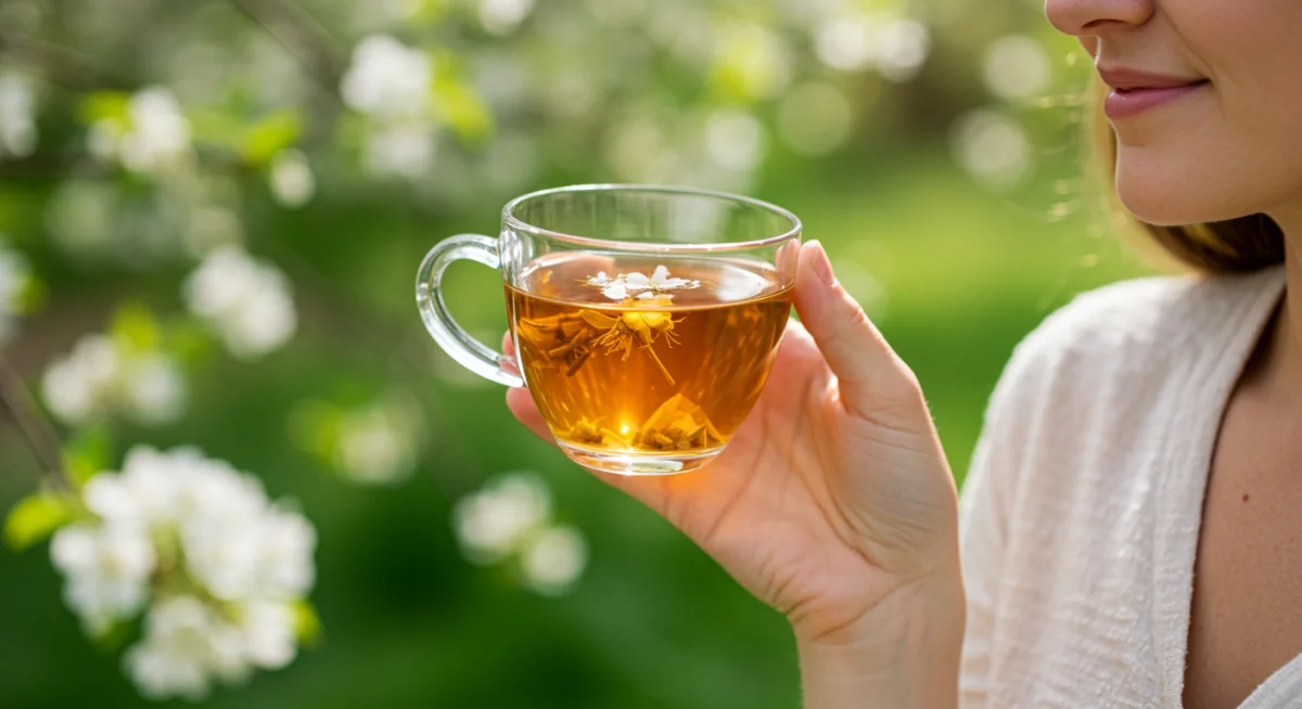 Person enjoying herbal tea in a serene spring garden