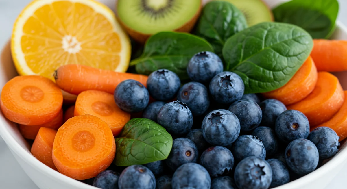 Bowl of colorful fruits and vegetables beneficial for eye health.