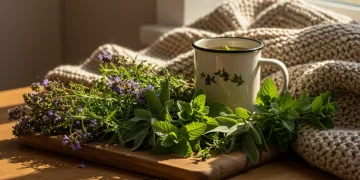Autumnal display of fresh fall harvest herbs on a rustic wooden table with tea and cozy blanket