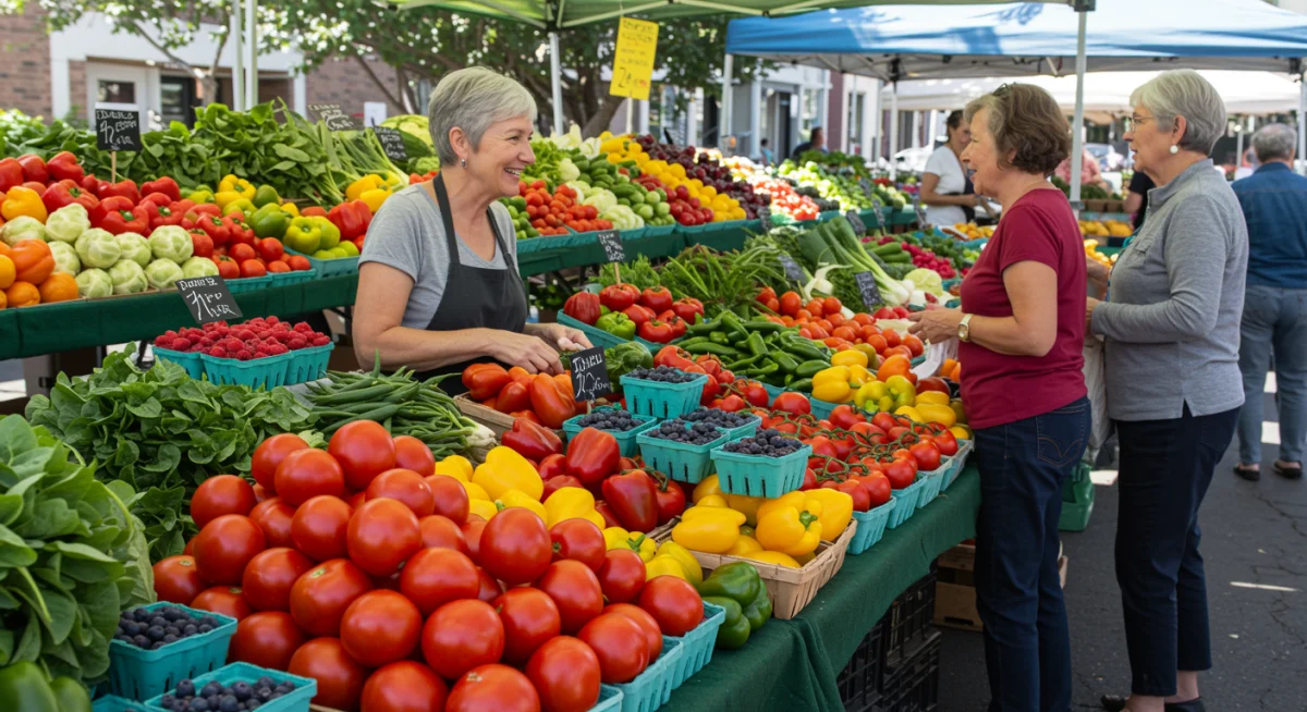 Abundant organic produce at a bustling farmer's market.