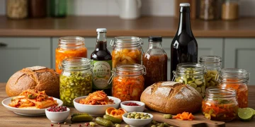 Assortment of fermented foods like kimchi, kombucha, and sourdough on a wooden table, emphasizing gut health and natural nutrition.
