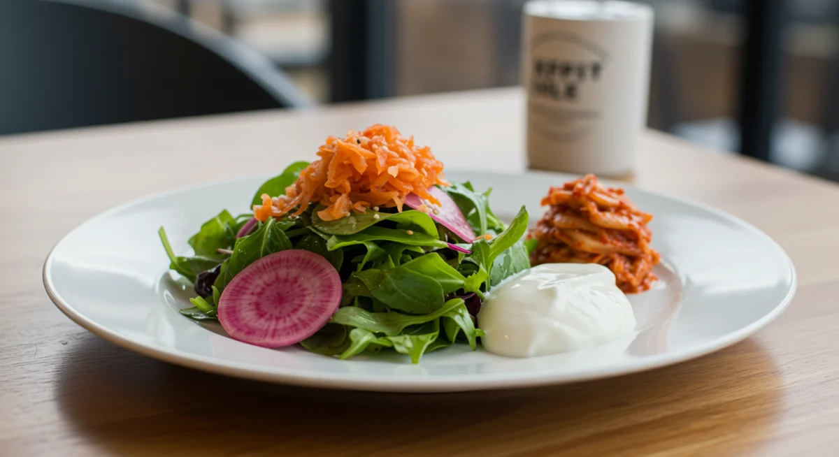 Healthy meal featuring fermented ingredients like pickled radishes and kefir dressing, promoting balanced nutrition.