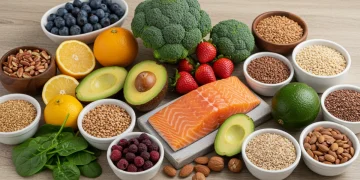 Colorful spread of fresh whole foods for chronic disease prevention