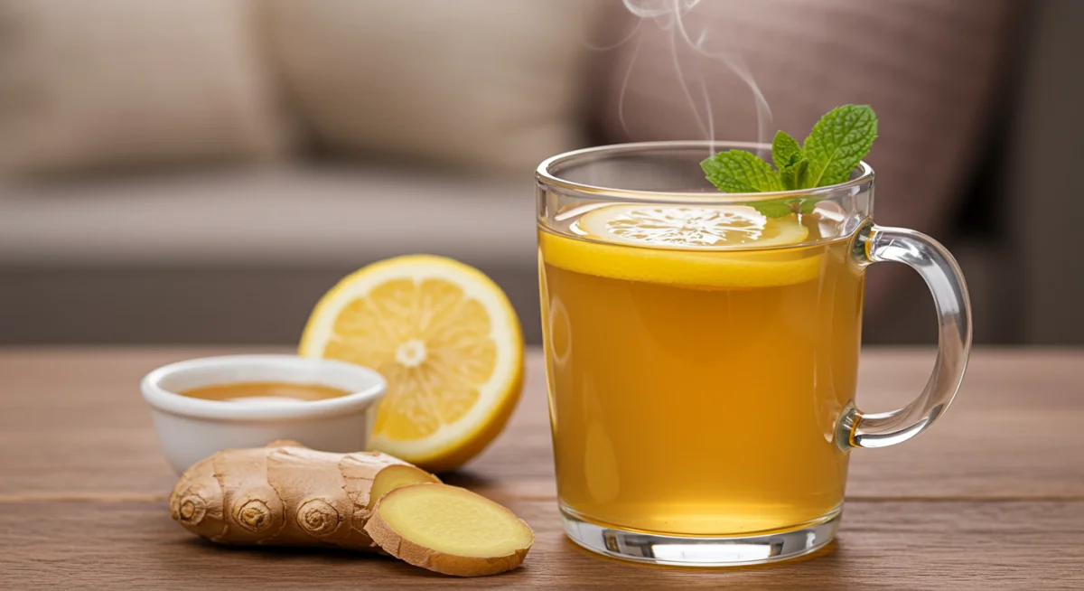 Steaming ginger and lemon tea with honey, symbolizing natural winter warmth.