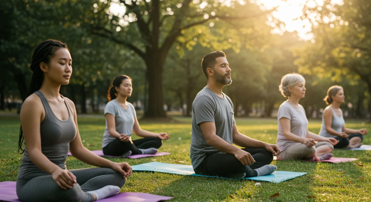 Diverse group meditating outdoors in a spiritual practice session