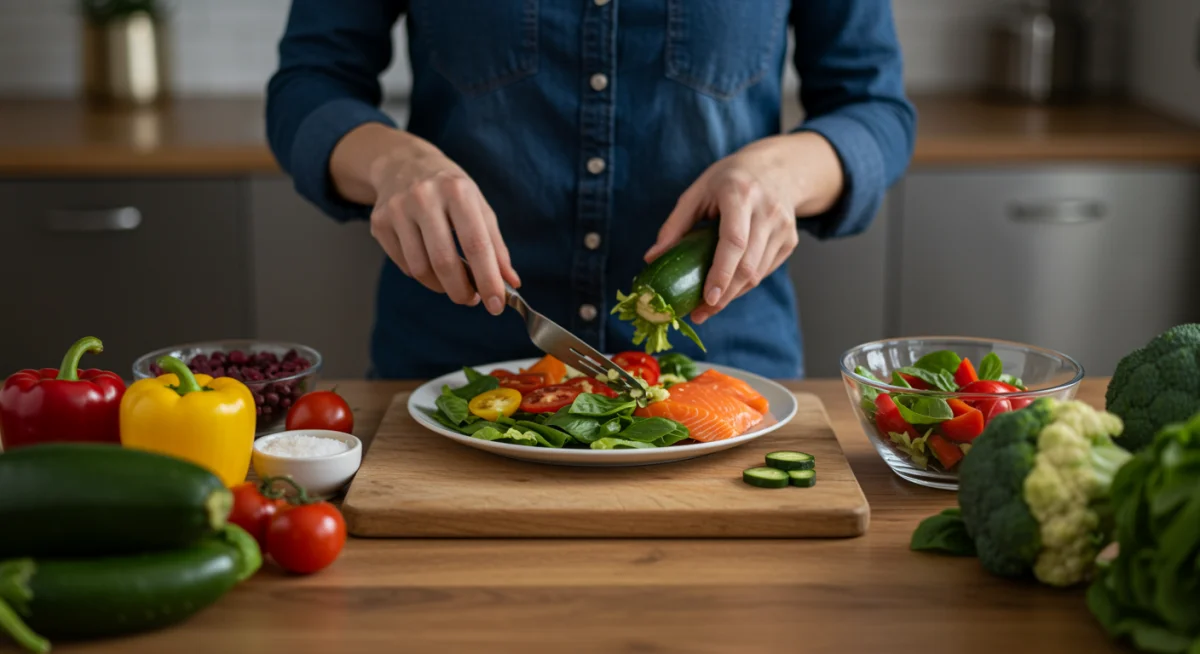 Person preparing a healthy meal with diverse ingredients