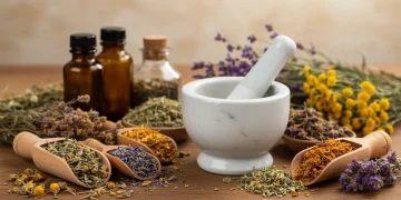 Assortment of dried herbs and botanicals for pain relief on a wooden table