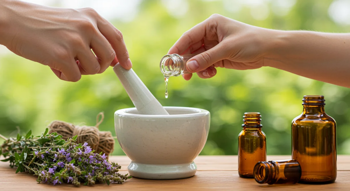 Hand preparing herbal remedy with mortar and pestle