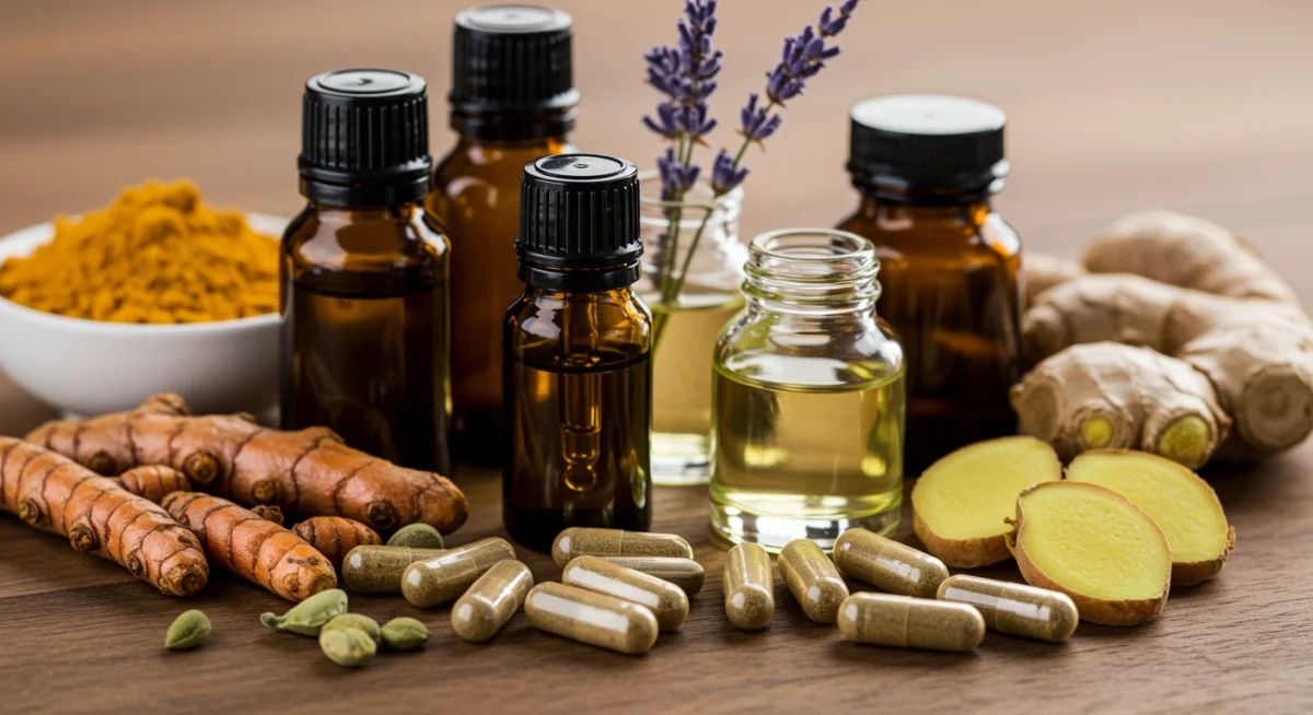 Herbal supplements and essential oils on wooden table for pain relief.