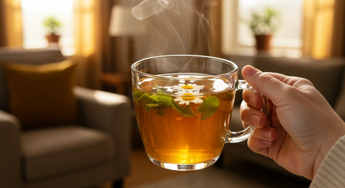 Hand holding a cup of herbal tea for comfort and pain alleviation