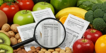 Magnifying glass over food labels revealing hidden inflammatory ingredients