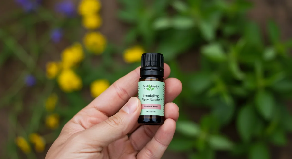 Hand holding essential oil bottle amidst natural herbs for holistic allergy care.
