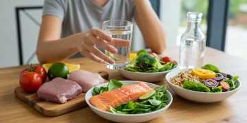 Decoding Food Cravings: Holistic Nutrition for 2025 Woman mindfully choosing healthy food at a table filled with balanced meal options, representing holistic nutrition to manage cravings.