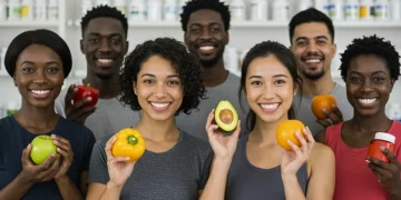 Holistic nutritionist guide to essential vitamins and minerals for US adults in 2025, showing diverse people with healthy food and supplements.