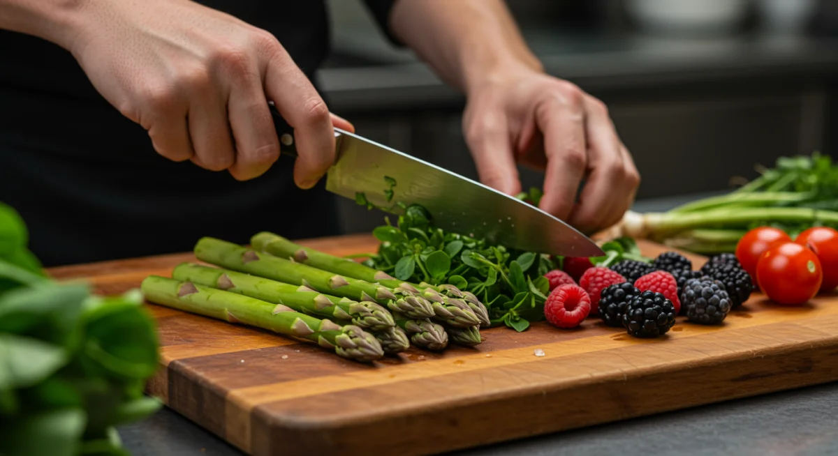 Chef preparing a nutritious meal with fresh, seasonal vegetables.