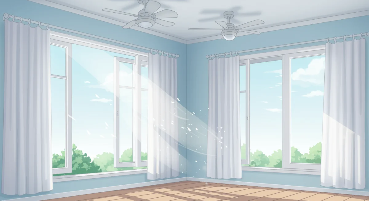 Illustration of a naturally ventilated room with open windows and fans.