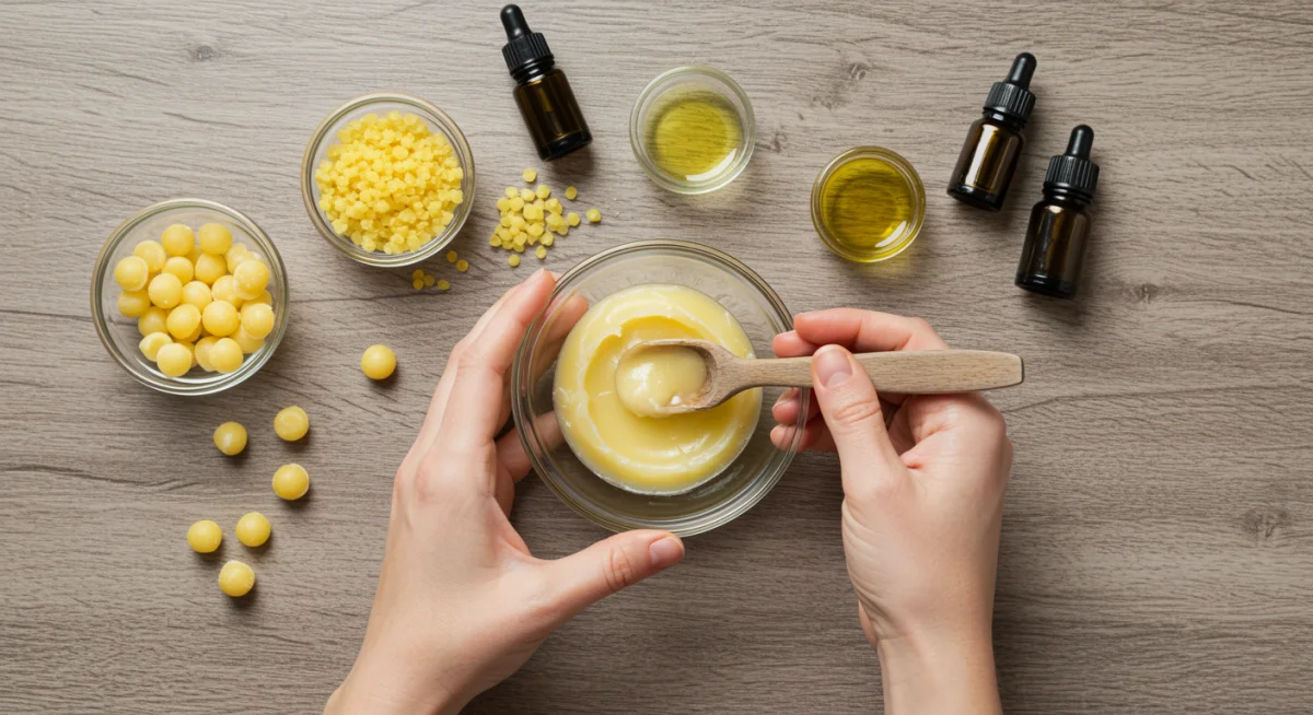 Hands preparing homemade natural salve