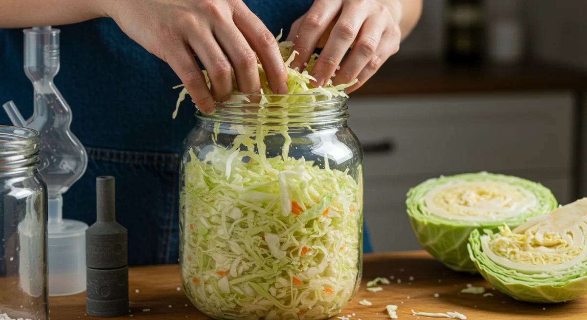 Hands preparing homemade sauerkraut in a glass jar, illustrating traditional fermentation techniques.