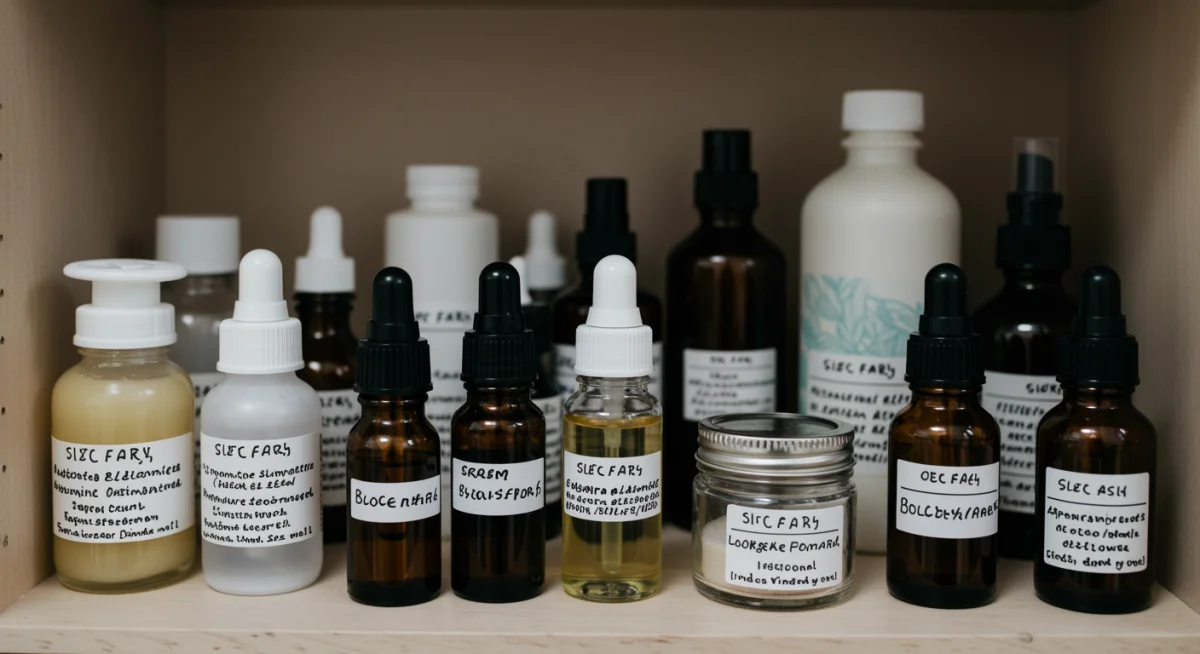 Collection of homemade natural skincare products in glass containers