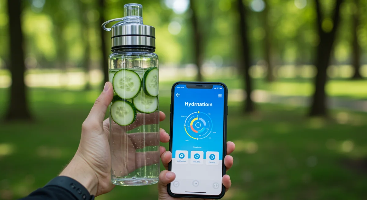 Person tracking hydration with a smart water bottle and app in an outdoor setting.