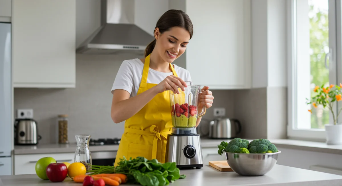 Person making a healthy, immune-boosting smoothie with fresh produce.