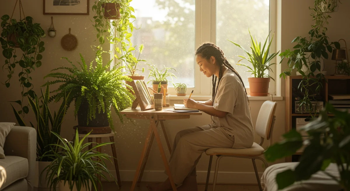 Person journaling in a peaceful, sunlit room, fostering self-awareness.