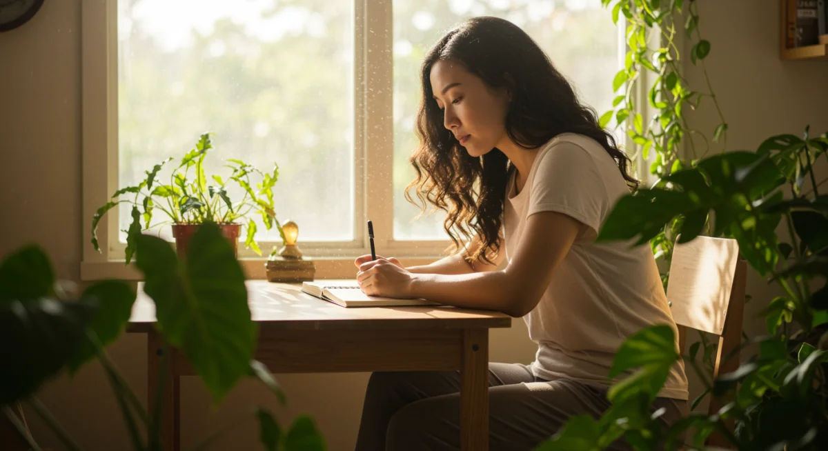 Person journaling in a natural setting, reflecting on spiritual growth