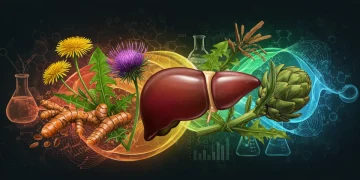 Artistic depiction of liver support herbs with scientific elements