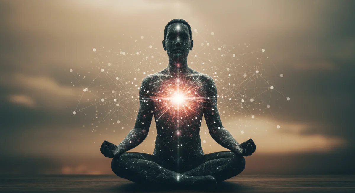 Individual meditating, visualizing energetic connections to others, representing the cultivation of inner peace and spiritual awareness.