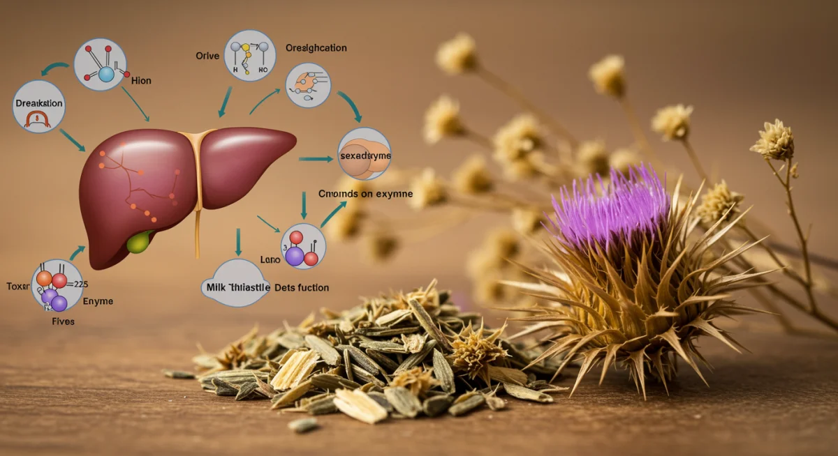 Dried milk thistle seeds and flowers with liver infographic