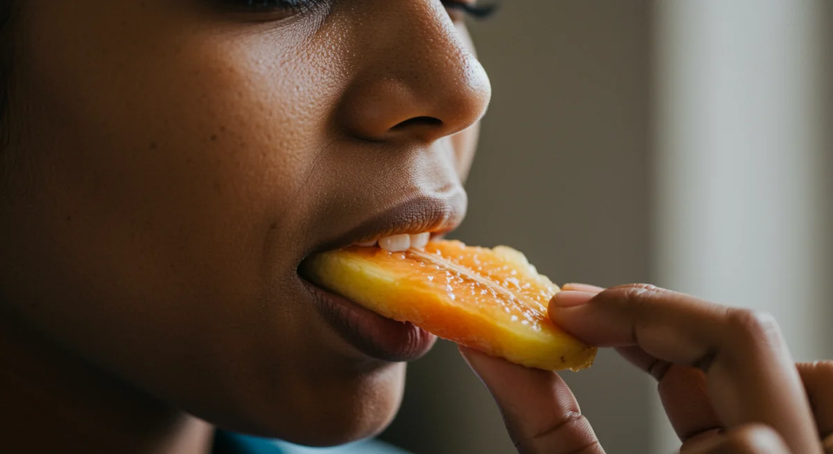 Person mindfully chewing fruit, focused on sensation